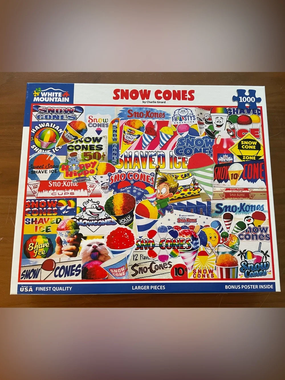 White Mountain Snow Cones Collage Puzzle 1000 pc- Bright Multicolor Retro Signs